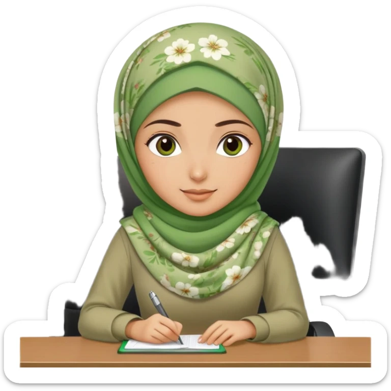 Turkish beautiful finish Konya girl green khaki hijab and light green floral dress and she work on office sticker