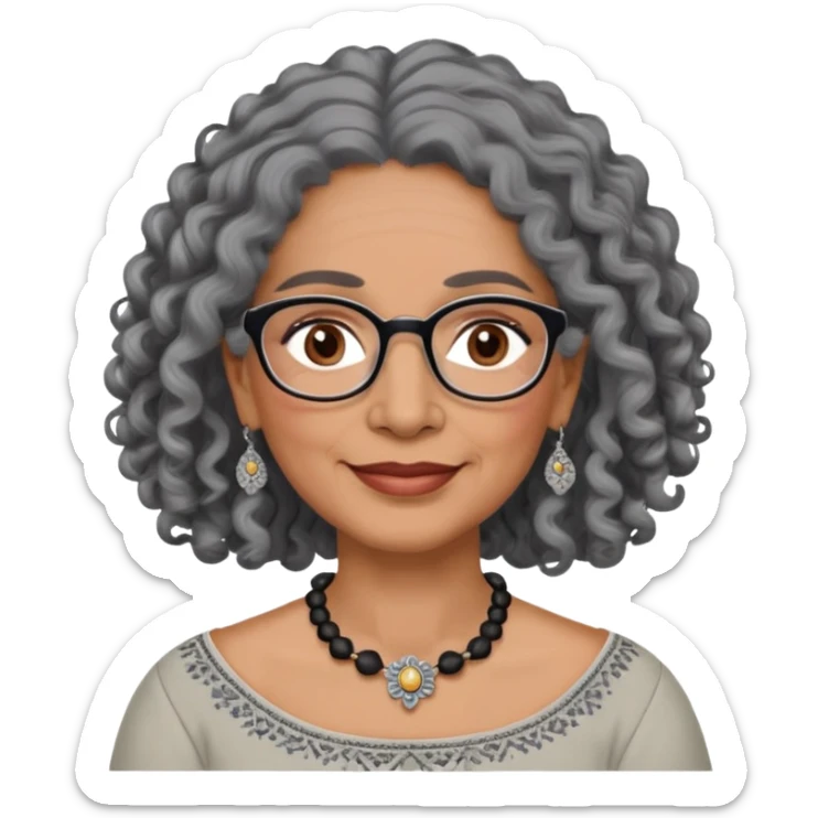 Latina woman, about 55 years old, dark warm brown skin, round soft face, long curly black and gray hair, no headband, medium eyes, thin eyebrows, gentle smile, delicate eyeglasses, gray peasant blouse with embroidery, bare shoulders, large dark necklace sticker