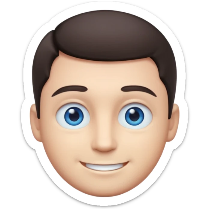 Cute 3D emoji of a smiling man with short dark hair and blue eyes, round face, simplified features, oversized glossy eyes, soft gradient shading, pastel tones, clean vector style, smooth edges, minimal background, transparent PNG, sticker icon sticker