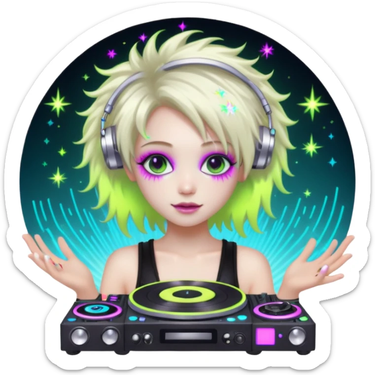  hard-techno-rave-fairy,-holding-a-dj-turntable,-wild-hair,-neon-sparkles,-minimal-background sticker
