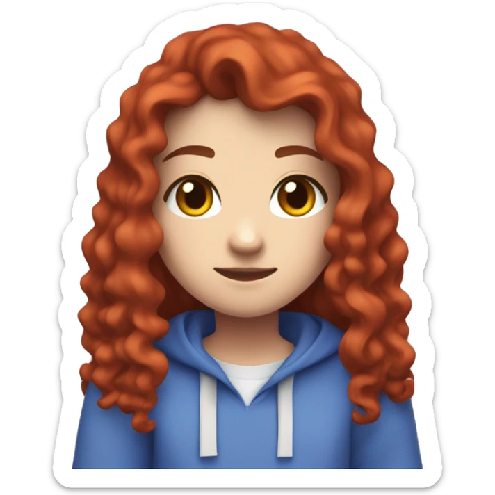 a white girl with long red curly hair, wearing periwinkle Minecraft hoodie playing a videogame sticker
