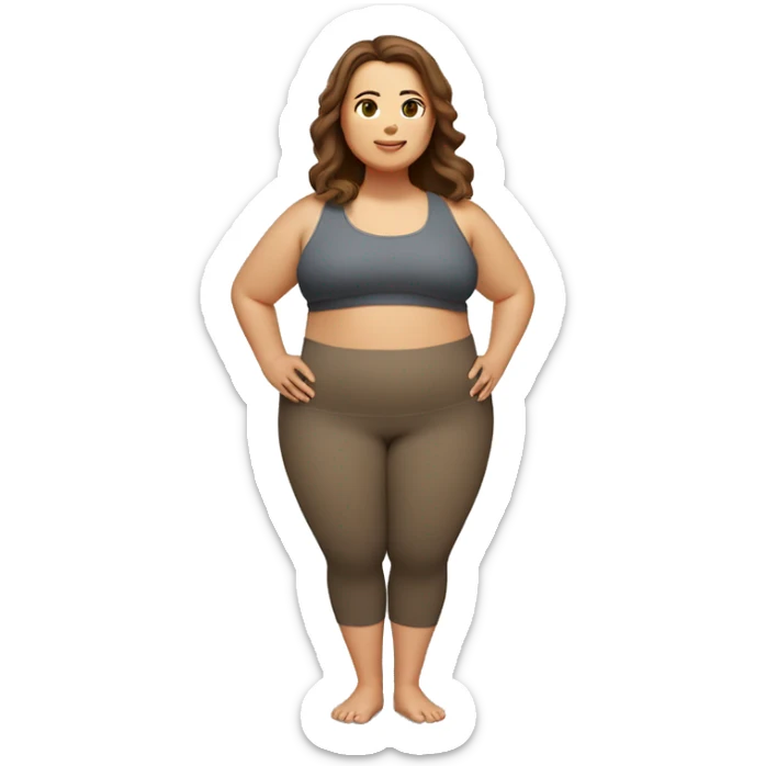 A plus size woman in yoga tree pose. She has light skin, brown straight hair, and brown eyes.  sticker