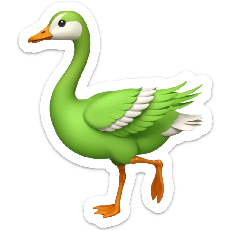 "Running goose emoji with long neck and two legs, all bright green #39C700. Wings must be tightly folded against the body—no flapping, no spread wings, no movement." sticker