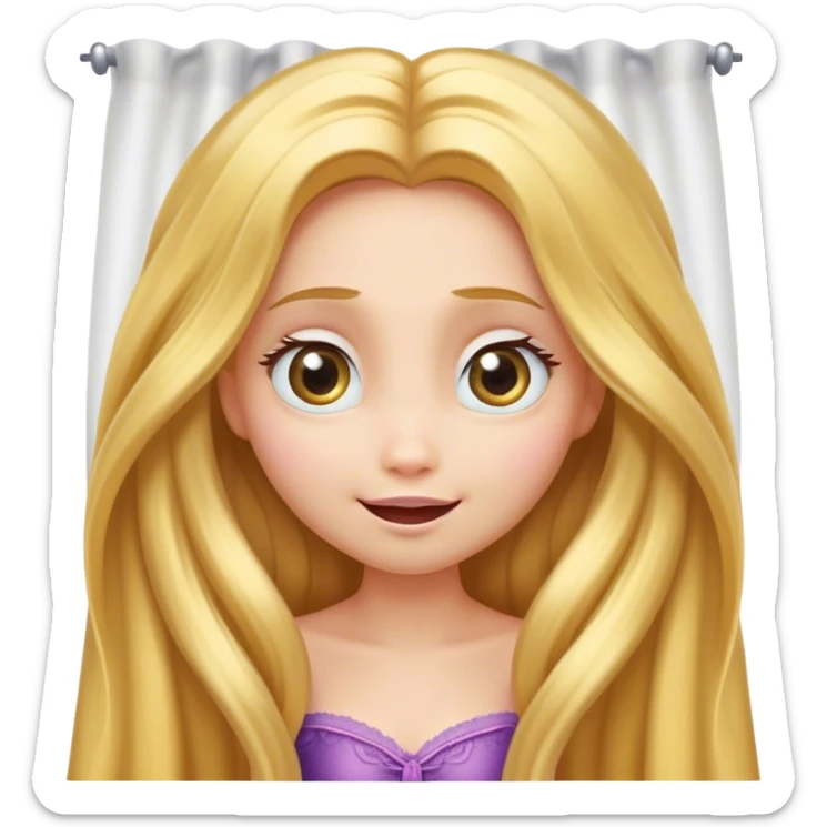 Cinematic Adorable Rapunzel Portrait Emoji, Playfully peeking out from behind a curtain of hair, big sparkling eyes, cheeks flushed with excitement, exuding charm and innocence, an absolute delight! sticker