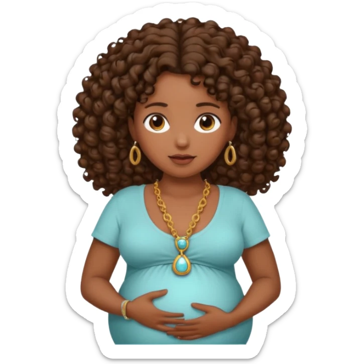 Very dark brown skin woman, pregnant with curly brown hair, head neck and abdomen only sticker