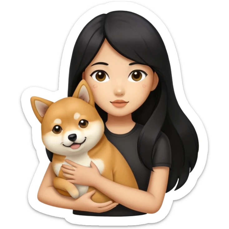girl with black long hair holding a Shiba Inu sticker