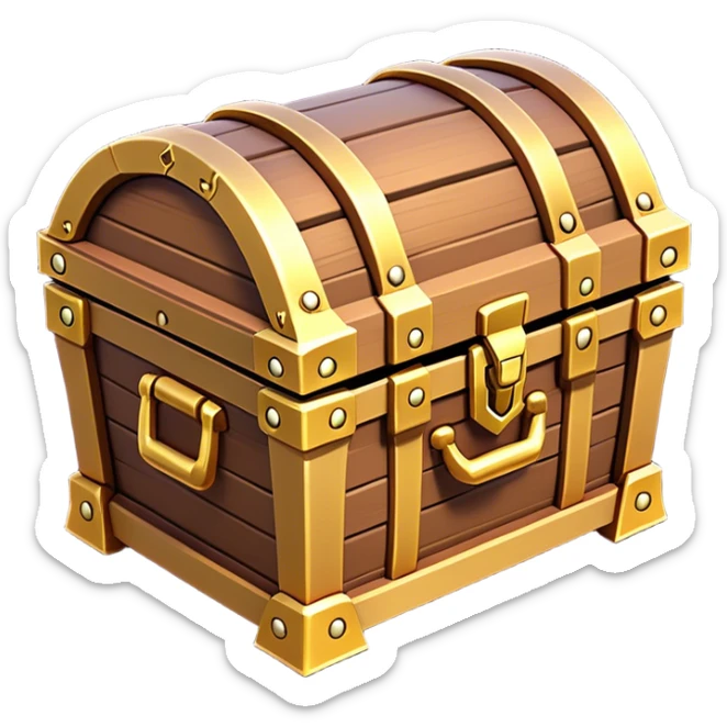 Clash of Clans aesthetic: Cinematic Playful 3D Isometric Treasure Chest Emoji, rendered in a 3D vector-style similar to standard emojis with minimal shading and bold, simplified shapes. A compact, distinct form with signature details, softly glowing with a fantasy RPG magic charm. Simplified yet unmistakably iconic, highly detailed and consistent, glowing with a soft radiance and high shine. Stylized with a touch of heroic grandeur and a soft glowing outline, capturing the essence of a beloved gaming relic with a friendly, playful manner! sticker