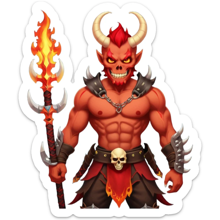 Dark fantasy sticker of a red half-demon warrior with horns, glowing tattoos, flaming swords, skull belt, and sharp tail. Evil grin, muscular build. Transparent background sticker