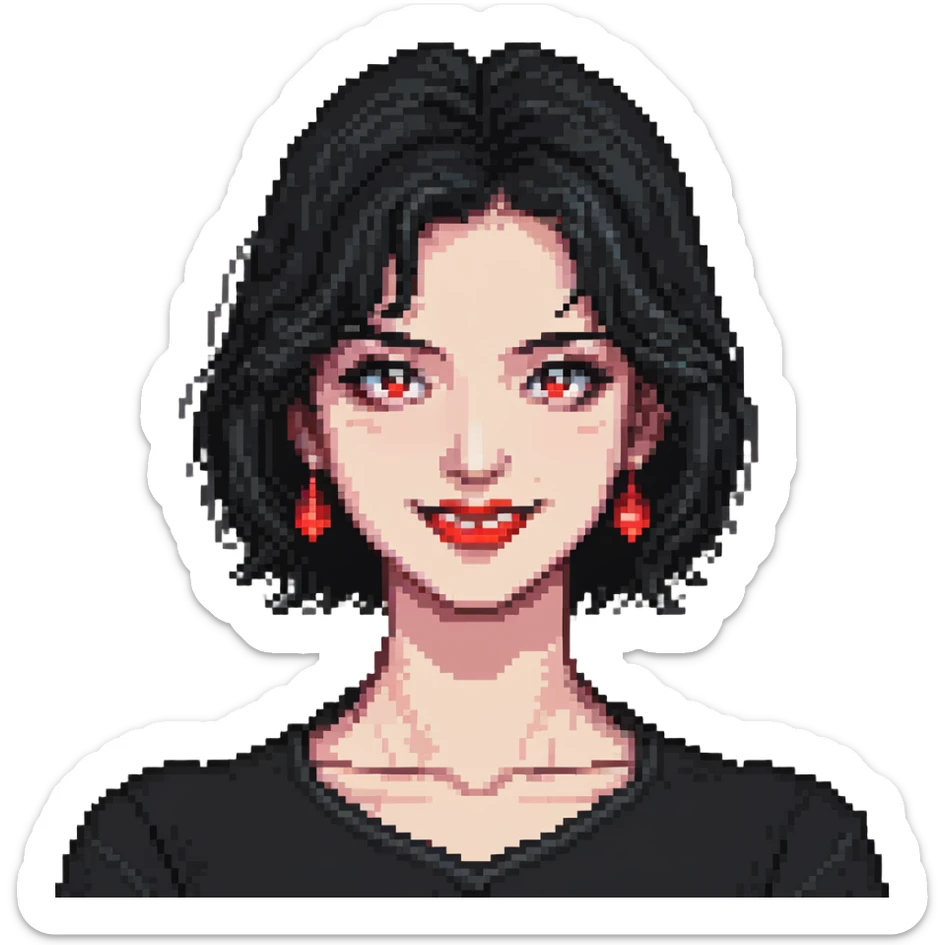 female face with black eyes, black hair at neck level, full red lips, pixel art, 16-bit style, smiling sticker