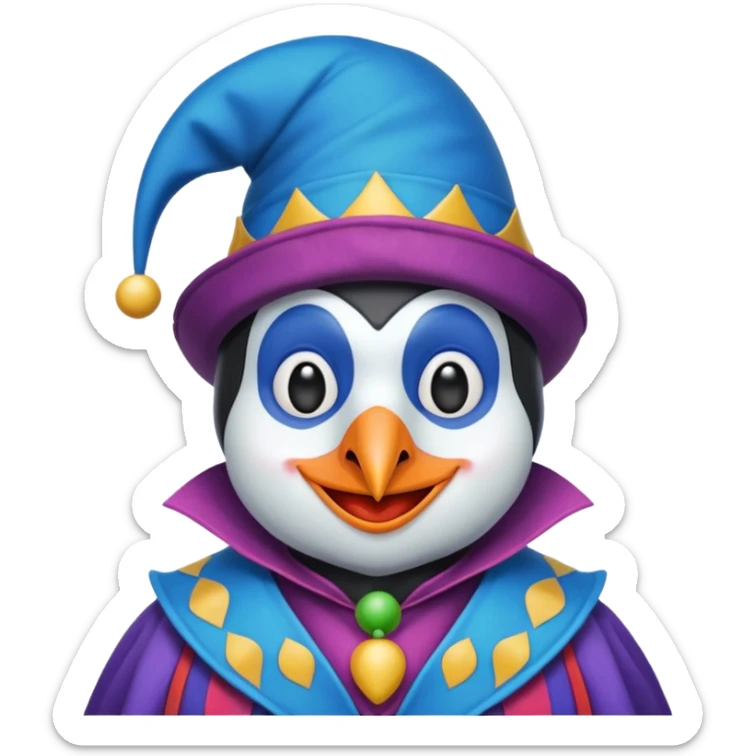 crazy colorful cute penguin jolly joker, medieval, vintage, court jester, mac os icon, blue color sticker