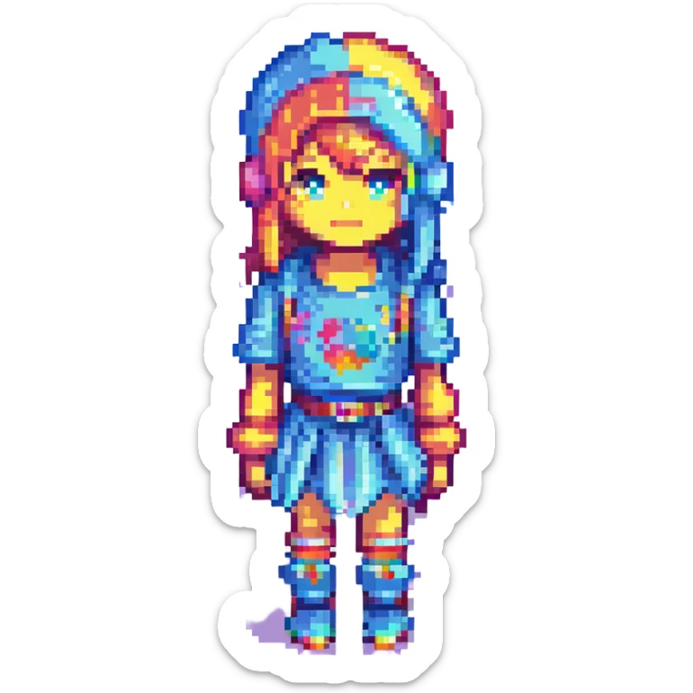 PK XD character, vibrant and playful, full body, colorful, pixel art style sticker