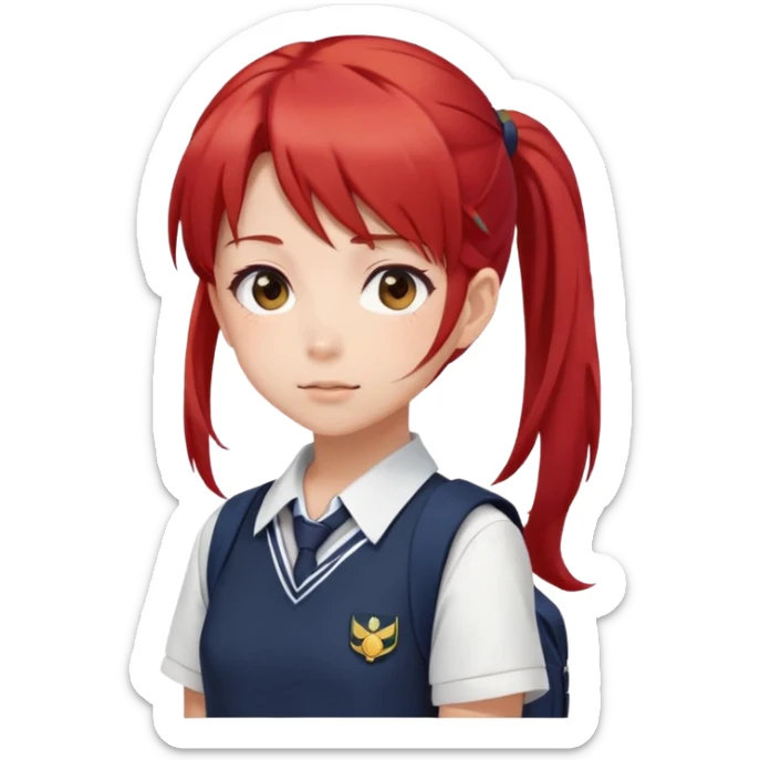 Anime girl, red hair, cute face, few details, side ponytail, school uniform, minimalistic style sticker