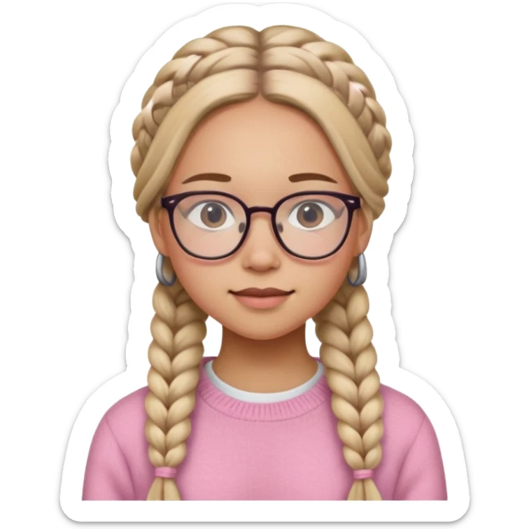 black cute young adult girl with classes and braids that are long , and some blush, in a pink sweater  sticker