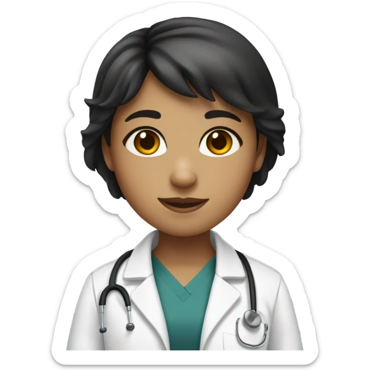 A girl with short brown hair and bangs,, white skin, wearing a black scrub with a lab coat  sticker