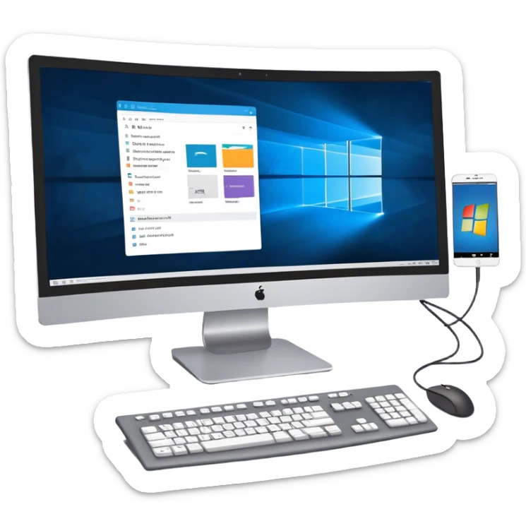 Create an emoji for UX/UI design. Show large curved monitor displaying windows with UX/UI design HTML program interface. Include a mouse, keyboard, and stylus next to the screens. Use modern, professional colors. Do not include any emojis or smiley faces. Make the background transparent. sticker