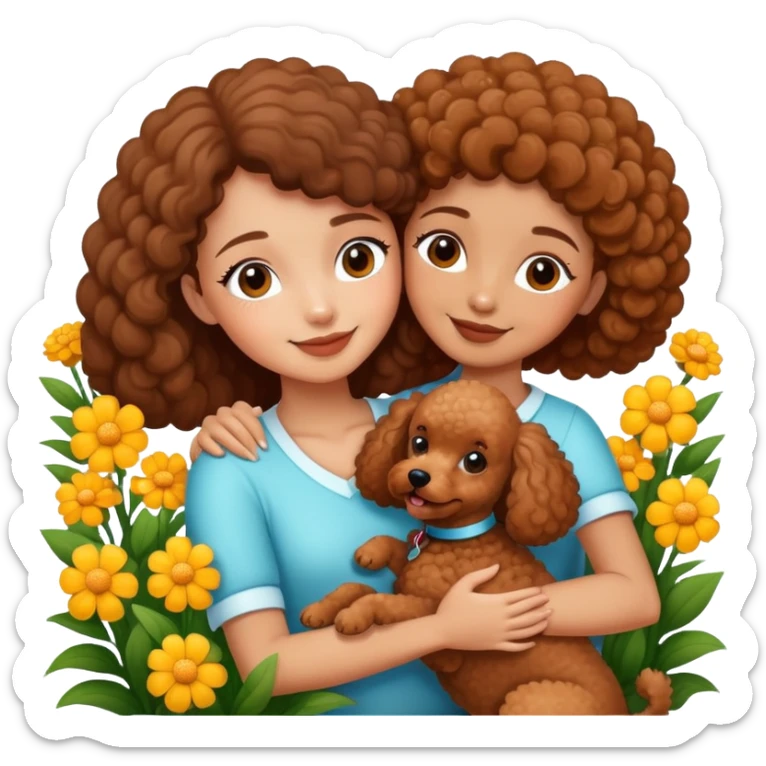 A beautiful girl happily hugs a brown poodle in the flowers sticker