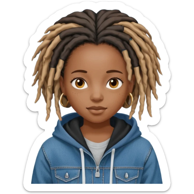 make a black girl with locs wearing a denim hoodie with black sleeves sticker