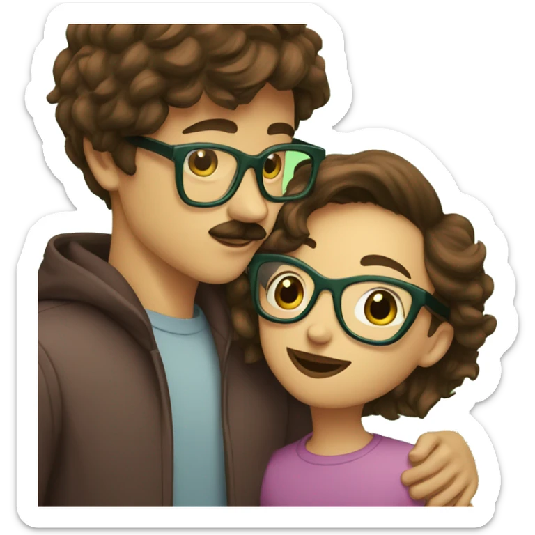 A boy with brown hair and a mustache is kissing a girl wearing glasses and her hair is green sticker