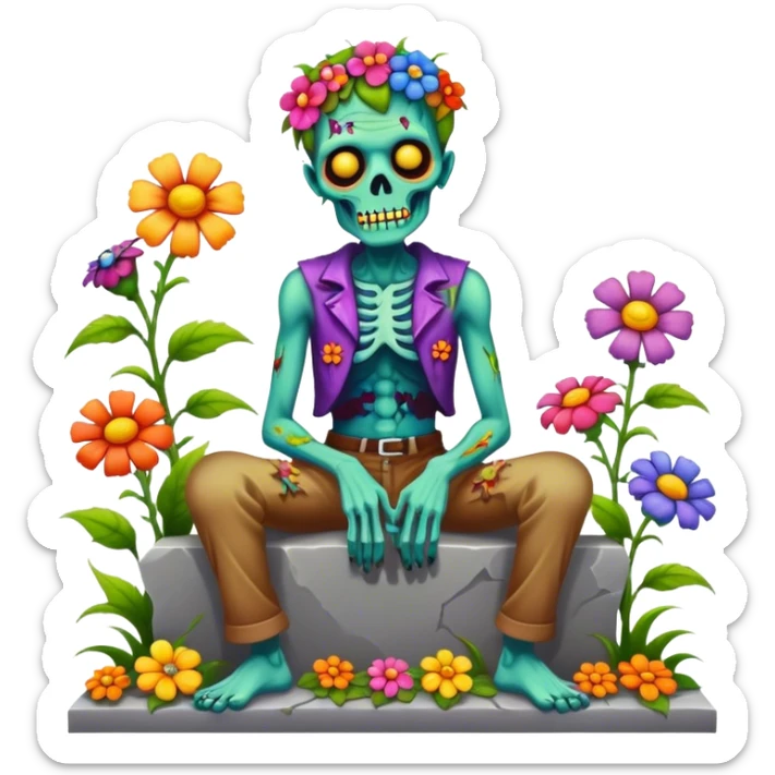 Cinematic ultra detailed 32k HD Psychedelic colored hippie style zombie with flowers sitting on a tombstone sticker