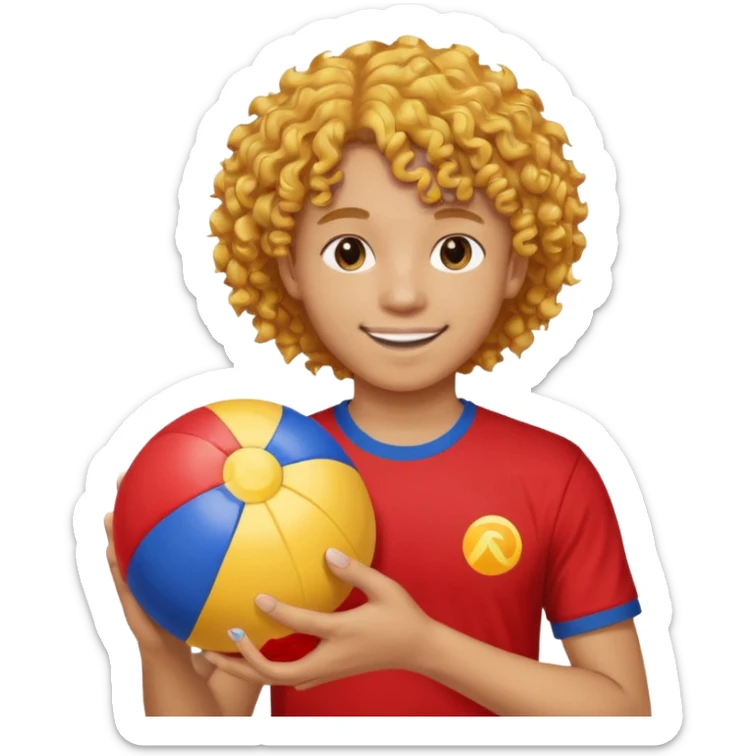 una persona de 18 años marron clarito con el pelo amrillo rizado con una camiseta roja y azul con un logo circular dorado y levantando un balon de playa sticker