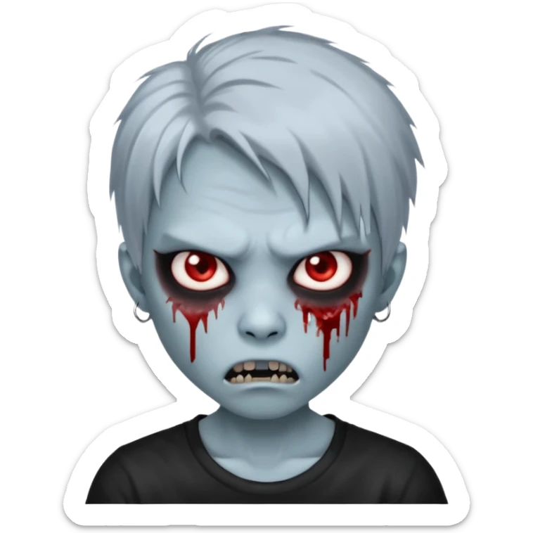 3D emoji-style avatar with very pale blue-grey zombie skin , a young Asian face, and large eyes with blood tears. Give it white litle bit messy mullet hair style , silver hoop earrings, and a plain black T-shirt. The face expression should be slightly angry, with vampire fang sticker