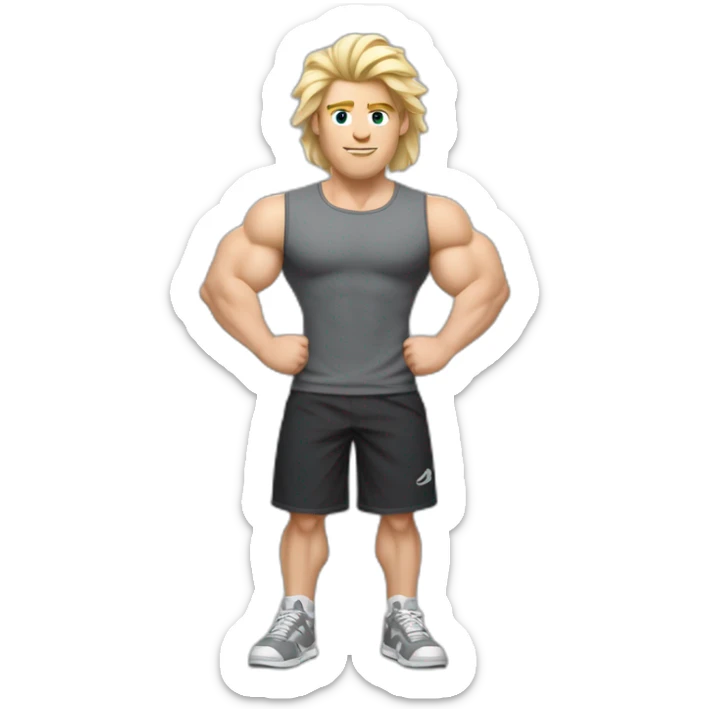 Full height Pale skinned fit man With biceps and blonde Tousled hair In dark gray sleeveless mike, black oversize sports shorts, watch and white sneakers. his arms crossed over his chest sticker