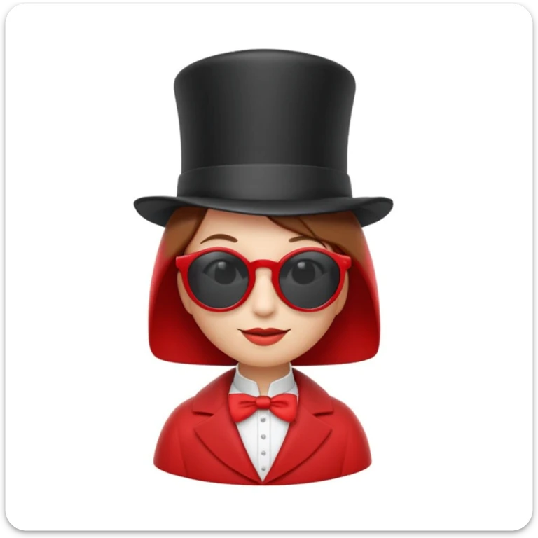 3D apple-style emoji of a whimsical character inspired by the uploaded photo, simplified shapes, cartoon-like look, glossy finish, soft shadows, white background, tall top hat with ribbon, large round white sunglasses, short brown bob haircut, elegant collar, red coat, playful and iconic sticker