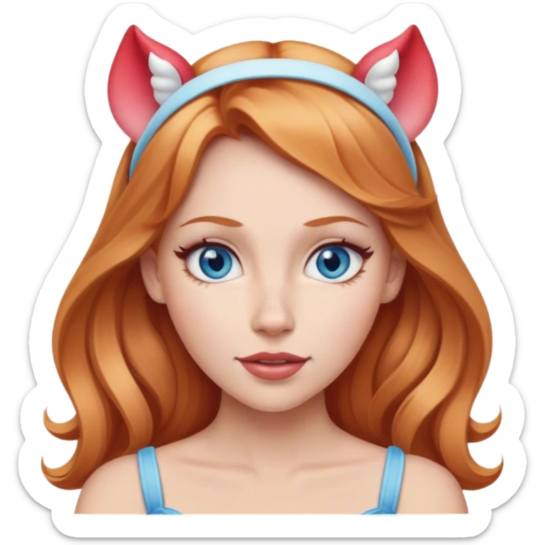 Strawberry blonde woman with blue eyes wearing Disney ears on head sticker
