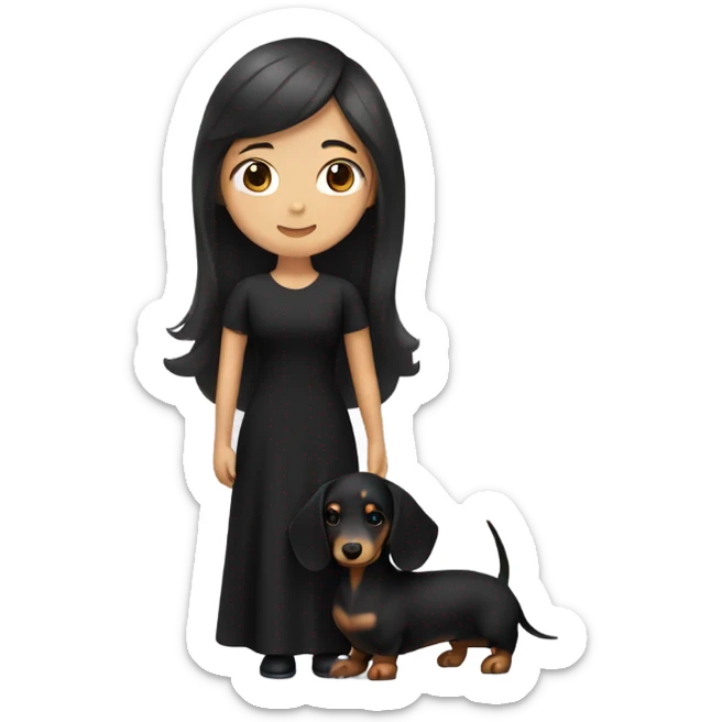 an Asian girl with long hair, wear black dress, hugging a long haired dachshund sticker