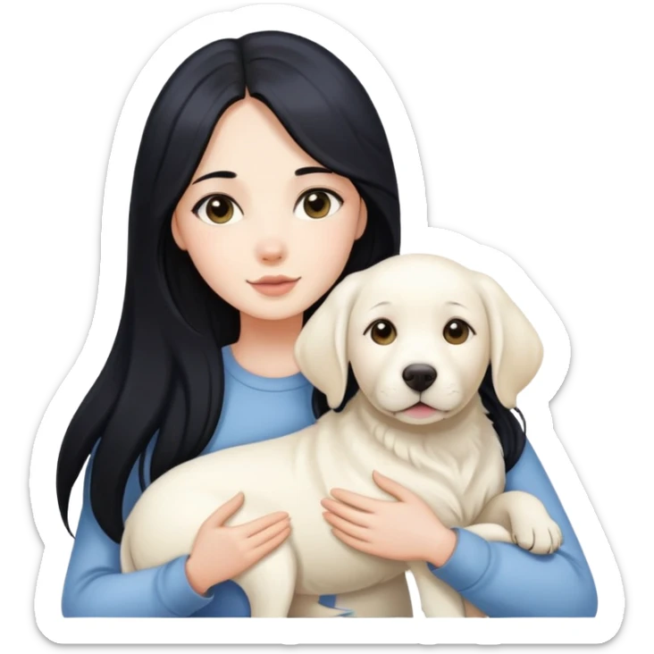 A beautiful girl with long black hair and fair skin is holding a white Labrador sticker