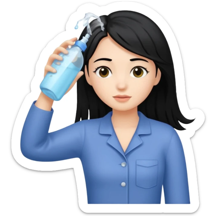 Girl with black hair washing her hair with bottle of shampoo sticker