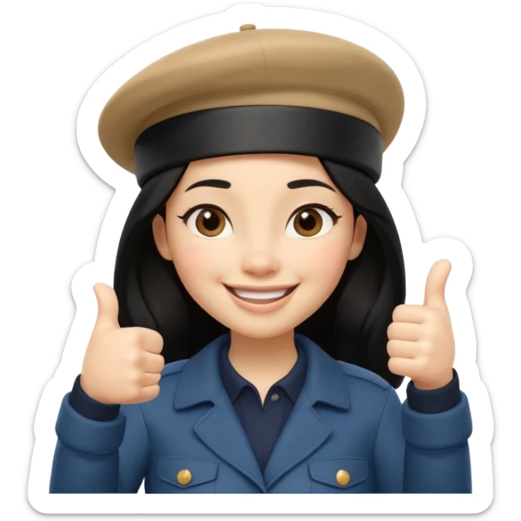3D cartoon female character giving thumbs up, wearing beige beret, long black hair, smiling warmly with confident expression, clean white background, Pixar-style lighting, cute and friendly iPhone memoji aesthetic, high quality soft shading, centered composition sticker