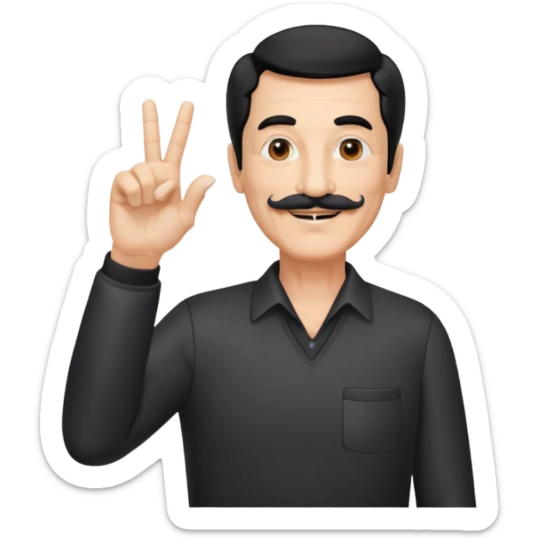 Hombre de 65 año de pelo negro y bigote blanco sonriendo con nariz prominente y los de dedos de la mano derecha en "v" vestido de traje de cuerpo entero sticker