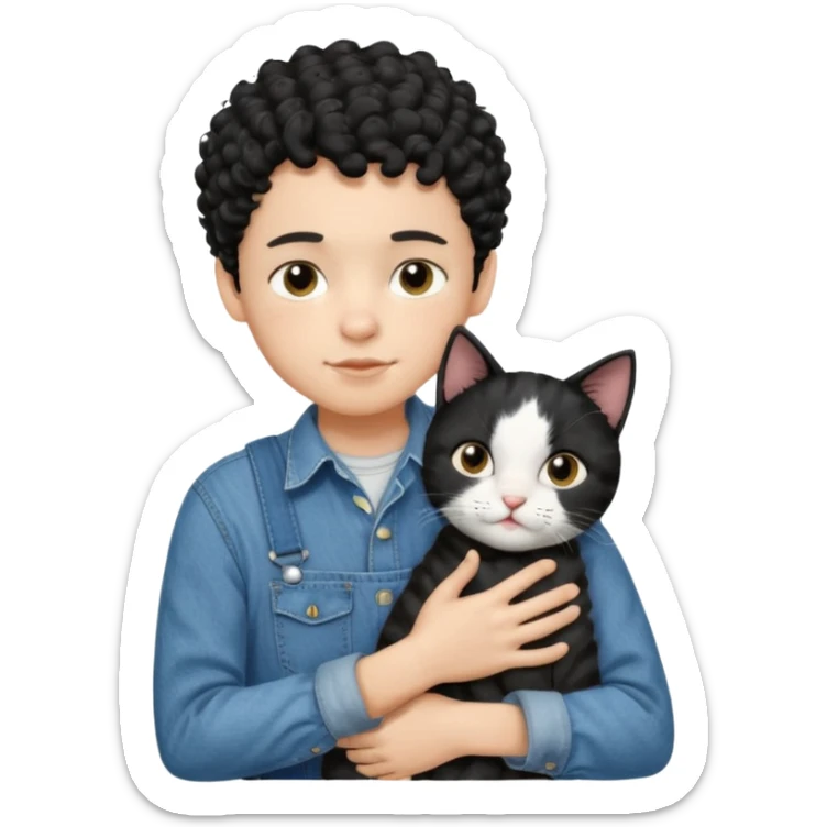 Apple emoji of a 13 year old boy with short black curly hair and dark brown eyes of light skin with denim shirt and overalls hugging a black and white cat sticker