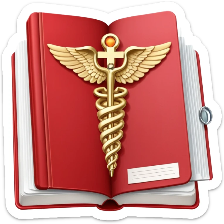 Medical textbook with red cover, caduceus symbol, open to a page showing anatomy sticker