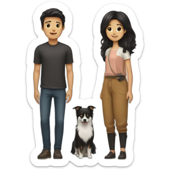 couple, a little Men with Long black hair, a girl with short brown hair ; and black spitz dog sticker