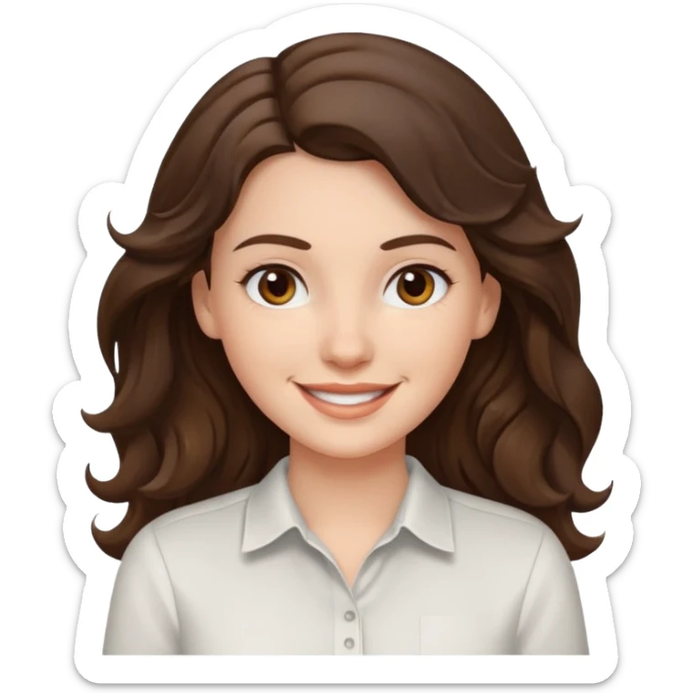 A White girl with wavy and dark hair, light brown eyes and a white shirt smiling sticker