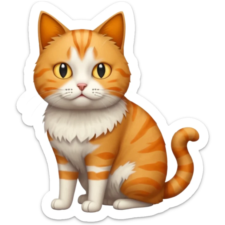full body white, ginger and tabby cat with skinny head and fat body with an anxious face sticker