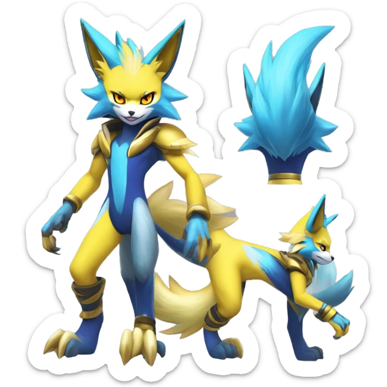 Shiny Colorful Anthro Edgy Cool Sonic-Zeraora-Renamon-Pokémon-Fakémon with shiny blue markings Full Body Detailed High Quality  sticker