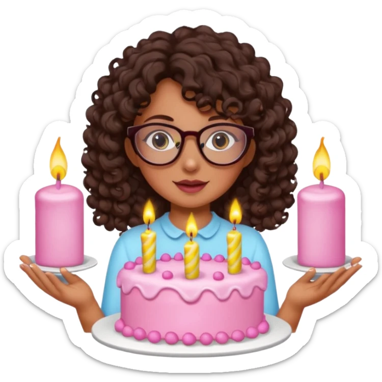 Tanned girl with dark brown curly hair wearing glasses with a cute birthday cake  sticker