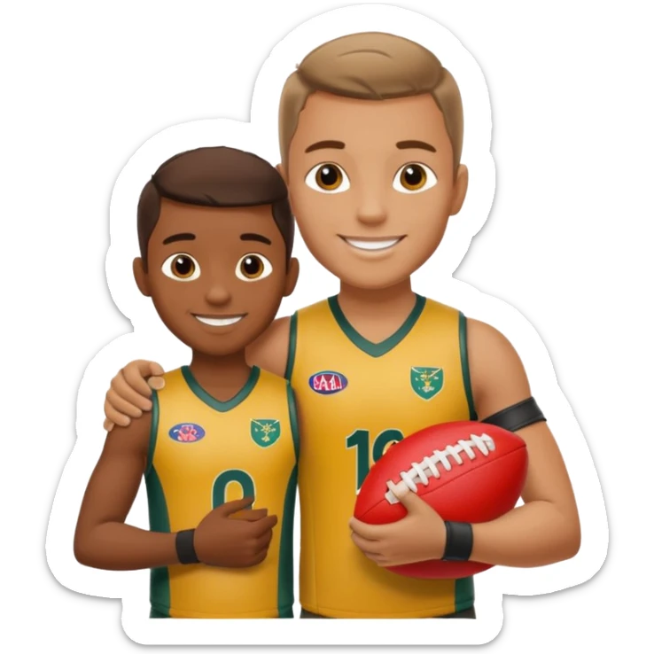 A sportsman has his arm around a young fan and they are holding a AFL sherrin, they are in australian colours, they are smiling, one is white and one is brown sticker