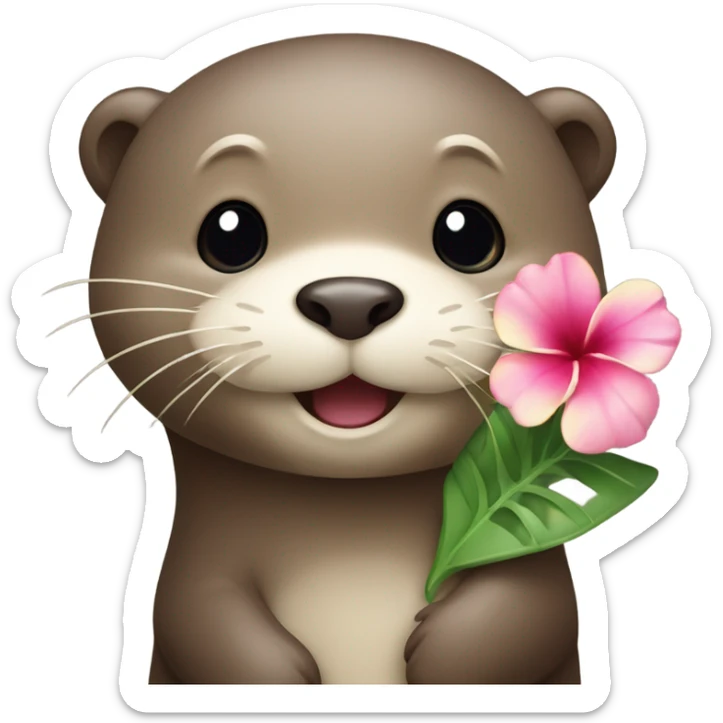 A happy and cute otter face with a Hawaiian flower tucked behind its ear, holding a heart. sticker