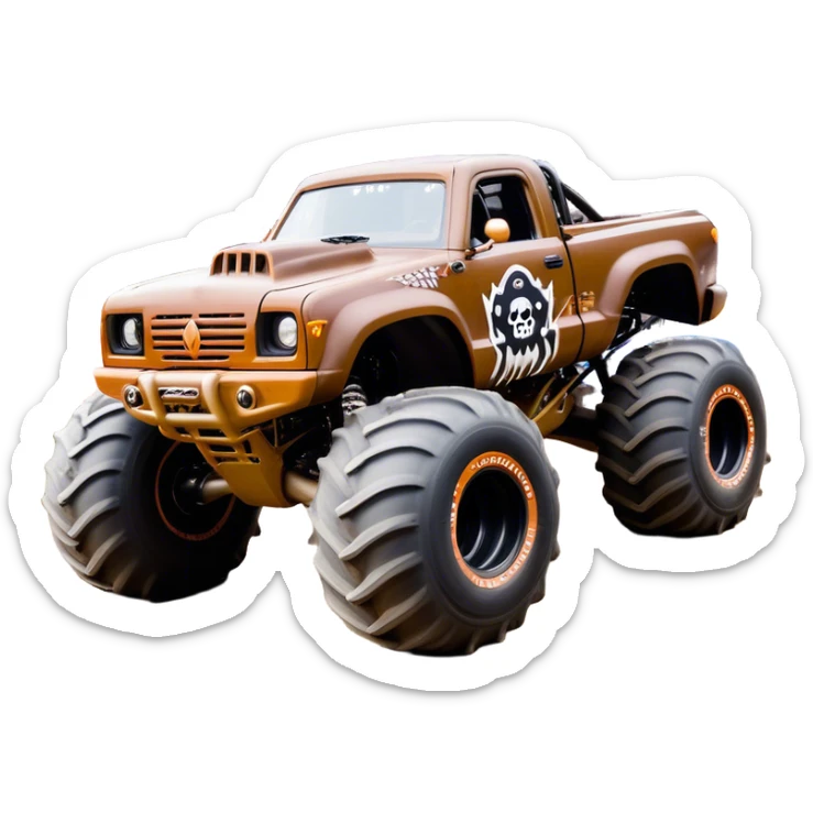 Monster Mutt - Monster Jam (Model Year: 2021) (Iconic colour: Brown with dog features) - A unique monster truck with playful, dog-inspired design cues. The vehicle is painted in warm brown tones and features subtle dog motifs (such as a stylized snout or ear shapes). It should blend the rugged power of a monster truck with quirky, endearing canine features. sticker