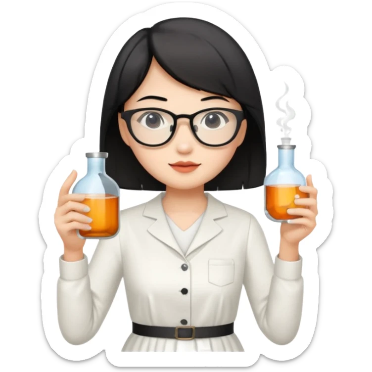asian teacher with a white dress holding a flask with retangle glasses and black short hand  sticker
