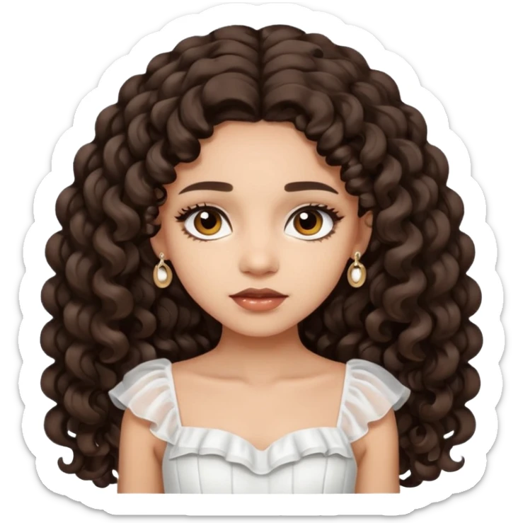 Light skin girl with dark brown very long curly hair, dark brown eyes, white Chanel dress  sticker