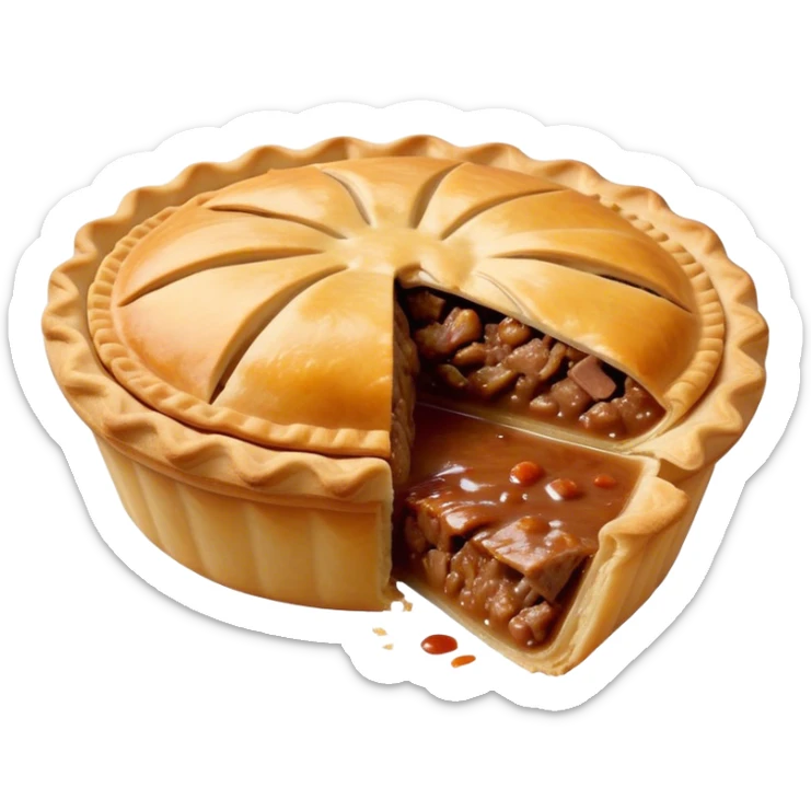 Cinematic Realistic Meat Pie Dish Emoji, showcasing a flaky pastry filled with rich, hearty meat gravy, rendered with lifelike detail and warm, inviting lighting. sticker