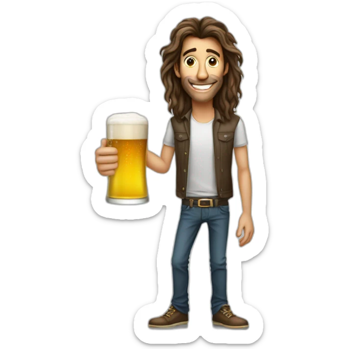 tall crazy very skinny guy with funny long hair with a glass of beer sticker