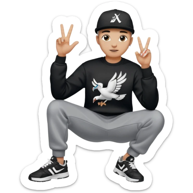 Crea Un Emoji De Cuerpo Completo Que Sea Hombre Con Corte Alucin Que Tenga Gorra Nike, Suéter Negro Que Tenga La Letras LA El La Parte Del Corazón, Zapatos Adidas Con Una Palomita✅, Pantalón Ancho O Bellaco Con Unos Diseños De Palomas Blancas Y Asiendo Una Pose Con Su Mano Que Sea Está 🤙🏽. sticker