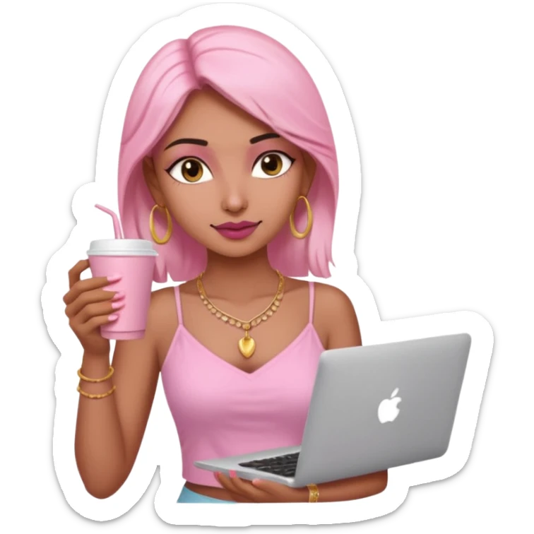 a pretty fair indian bratz girl with a pink cami top, drinking takeaway brown coffee, golden dainty necklace and carrying a white macbook sticker
