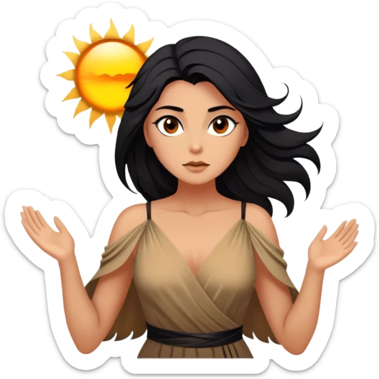 Cinematic Stunning Pocahontas Portrait Emoji, Windswept raven hair flowing behind her, deep brown eyes filled with wisdom and strength, glowing sun-kissed skin, wearing her elegant tan dress, the spirit of the wild in her expression, breathtakingly majestic! sticker